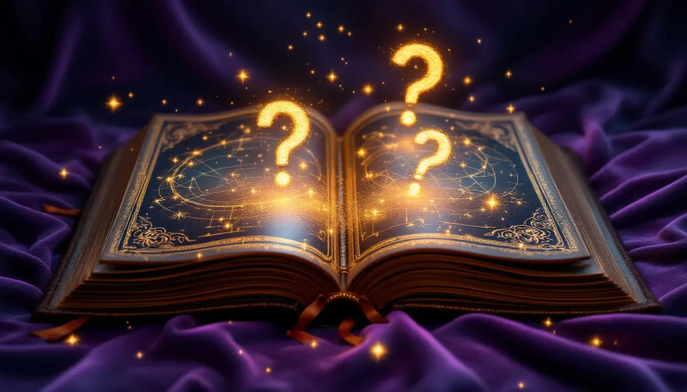 Open leather-bound astrology grimoire with glowing constellation illustrations and stardust question marks