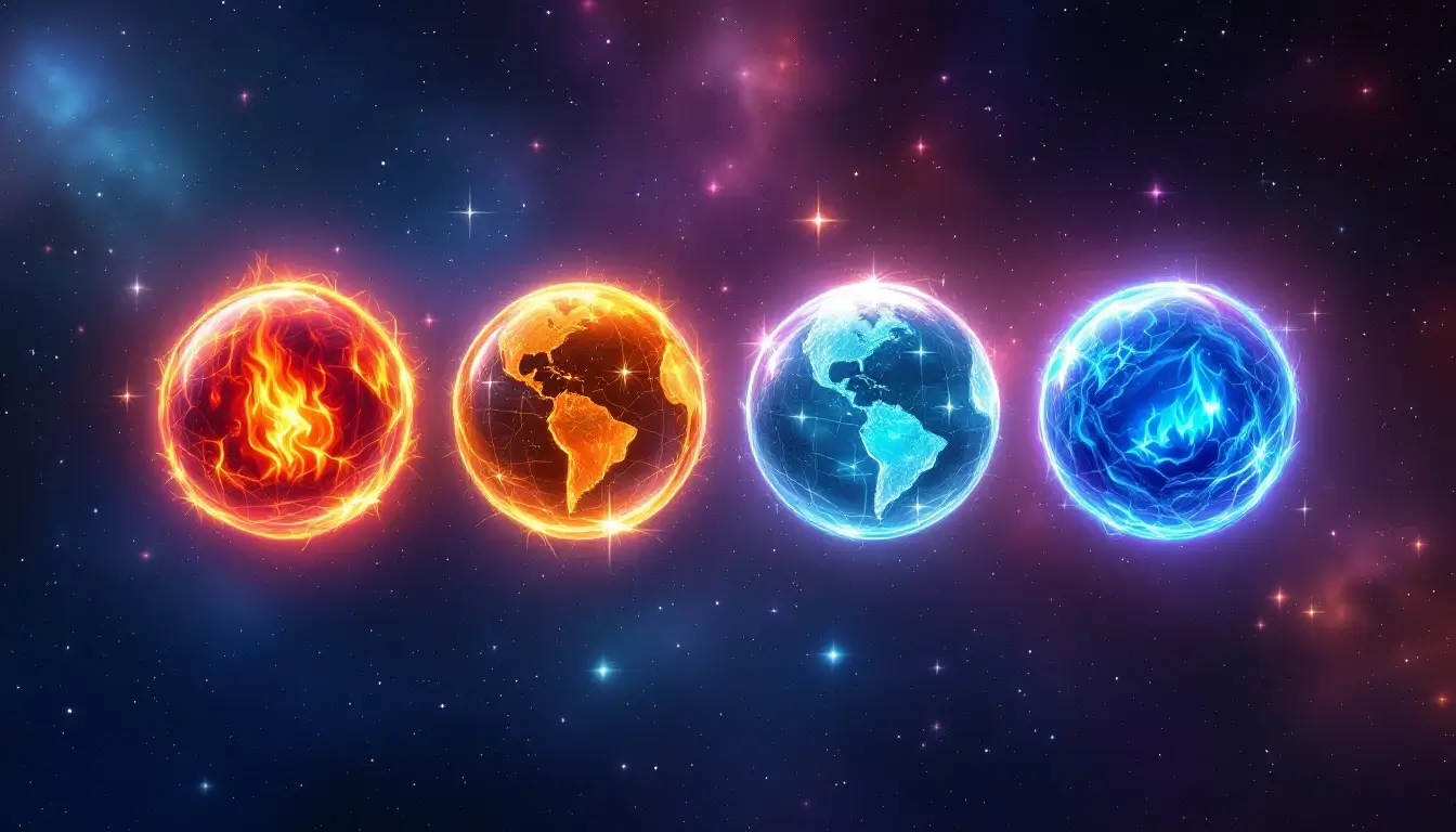 Four elemental orbs of fire, earth, air, and water representing zodiac compatibility layers