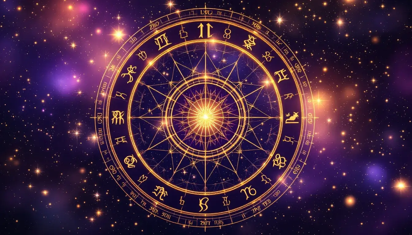 Celestial wheel of the 12 zodiac signs connected by delicate golden trine and sextile lines