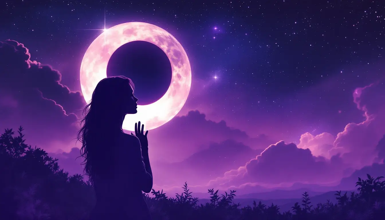 Woman pausing before lunar eclipse in cosmic sky