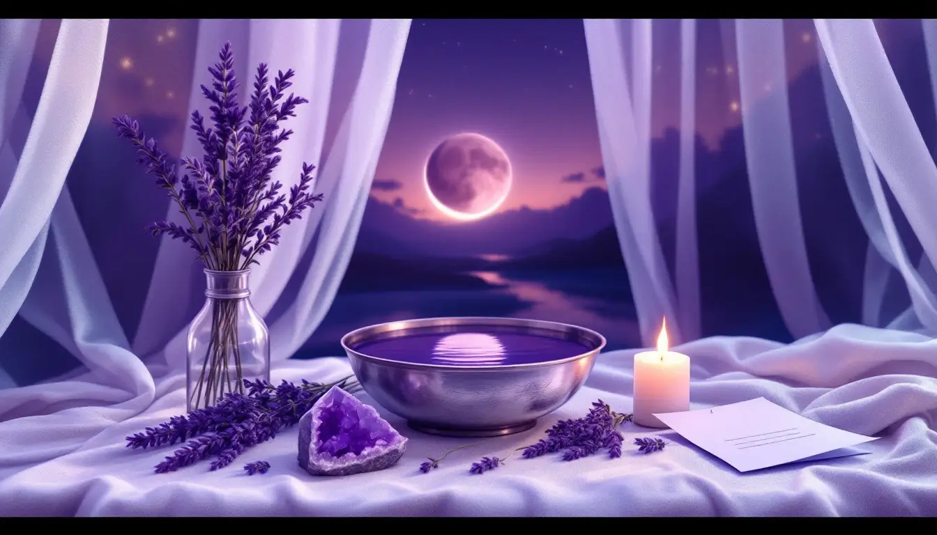 Lunar eclipse ritual altar with silver bowl of moon water