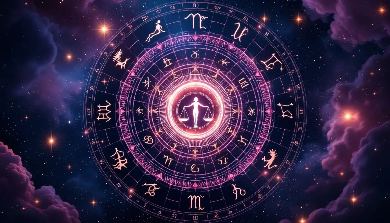 All twelve zodiac constellations around Venus and Libra scales