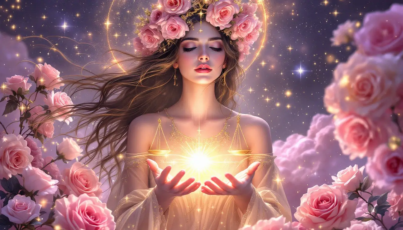 Venus goddess balancing golden scales