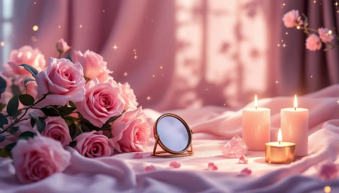 Venus in Libra ritual altar with roses and rose quartz