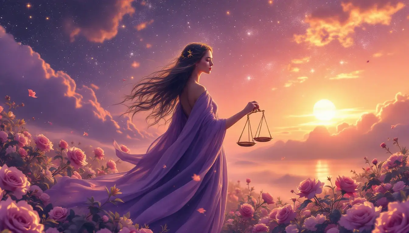 Celestial goddess holding golden Libra scales in perfect balance at sunset
