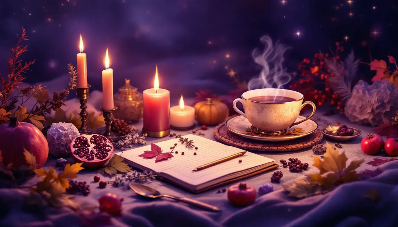 Autumn altar with candles, crystals, and journal for a fall equinox ritual
