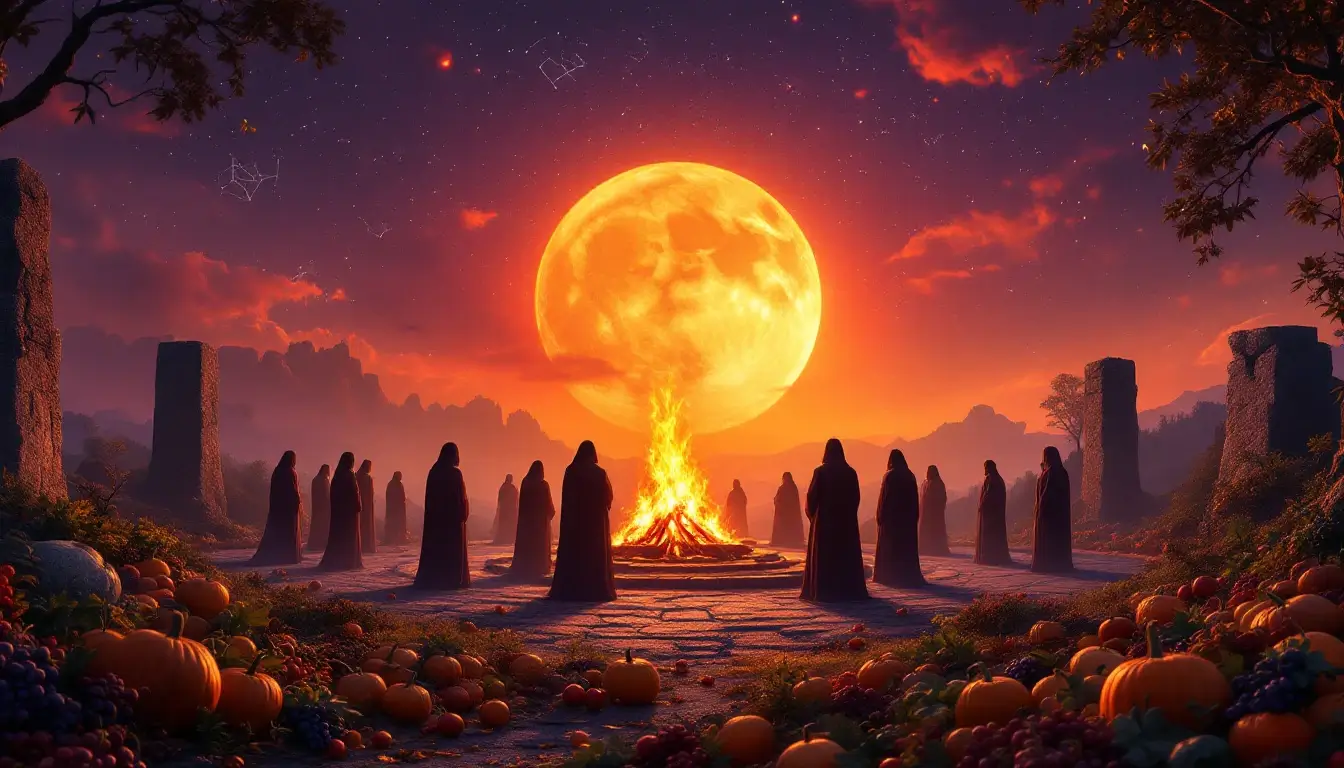 Ancient stone circle with autumn bonfire and harvest offerings celebrating the fall equinox