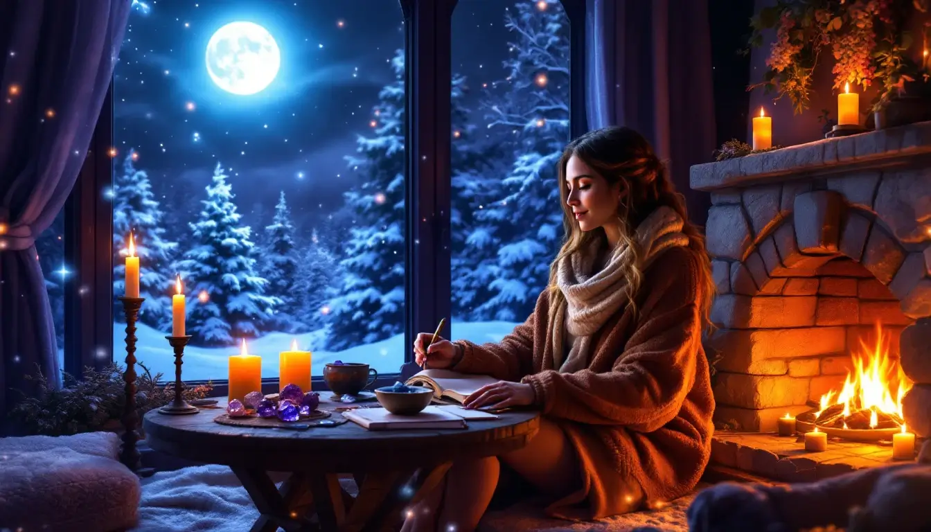 cozy winter solstice ritual scene with candles and journal