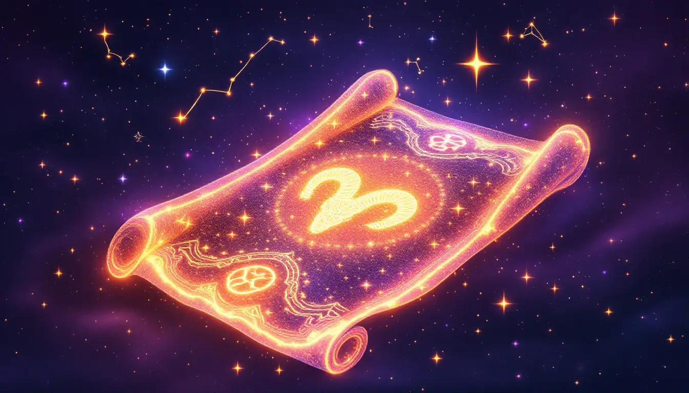 Glowing celestial scroll surrounded by ram and twin constellations