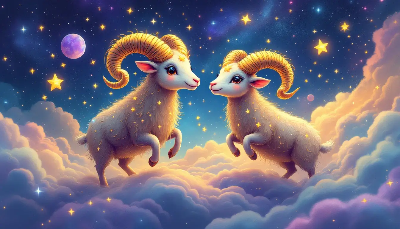 Ram and twin star spirits adventuring across cosmic landscape