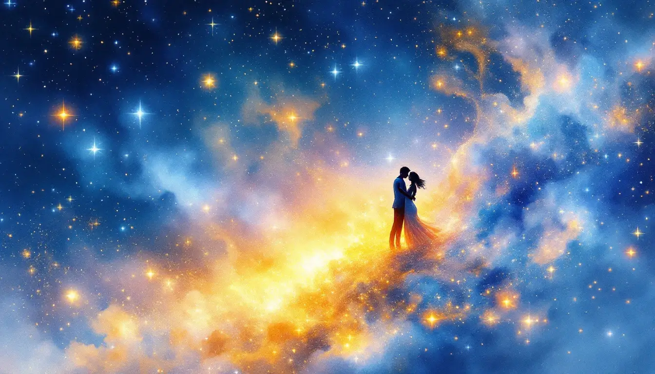 Two celestial silhouettes dancing under starlit sky