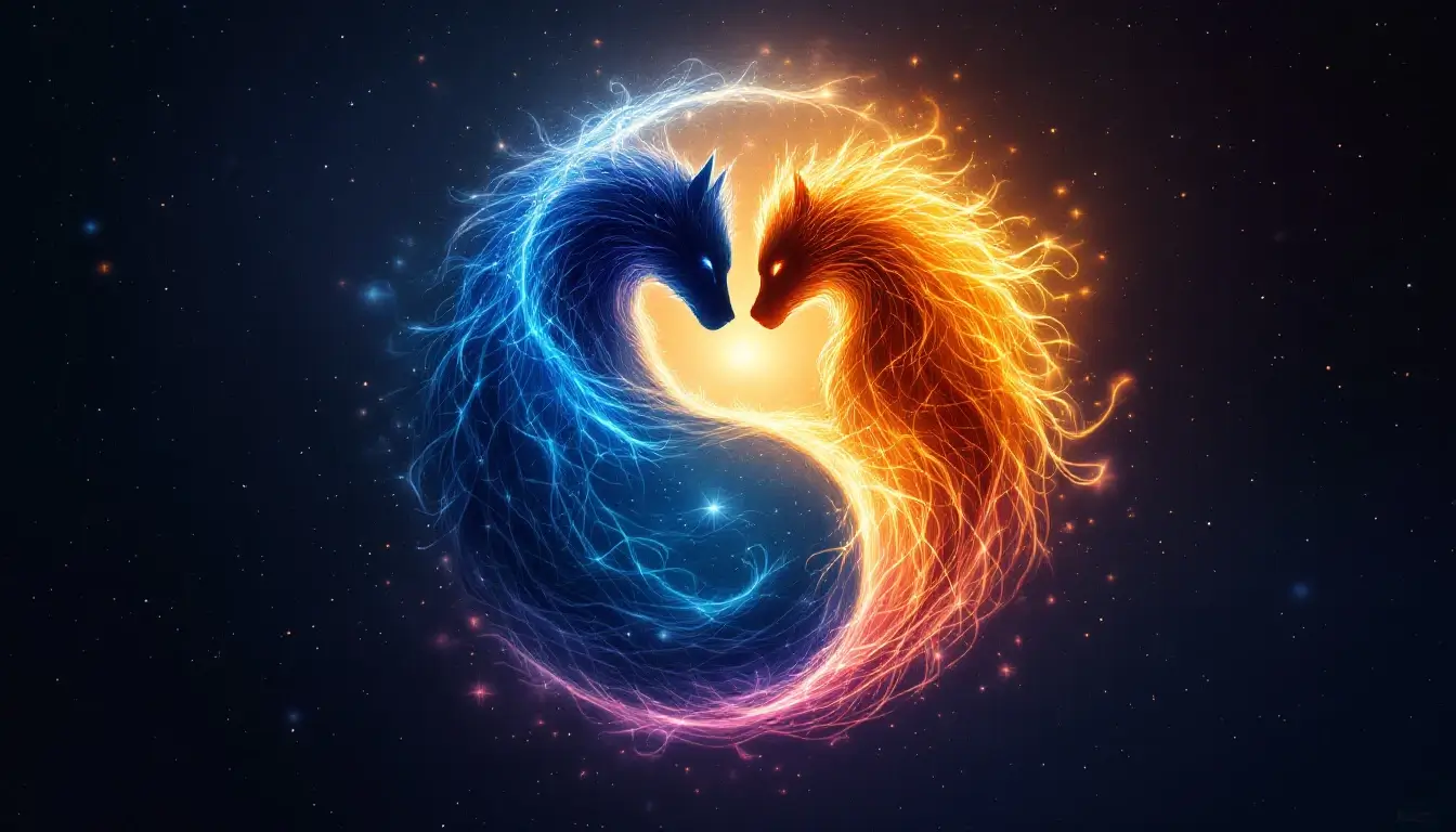 Two intertwined animal spirit silhouettes forming a yin-yang shape of light and shadow