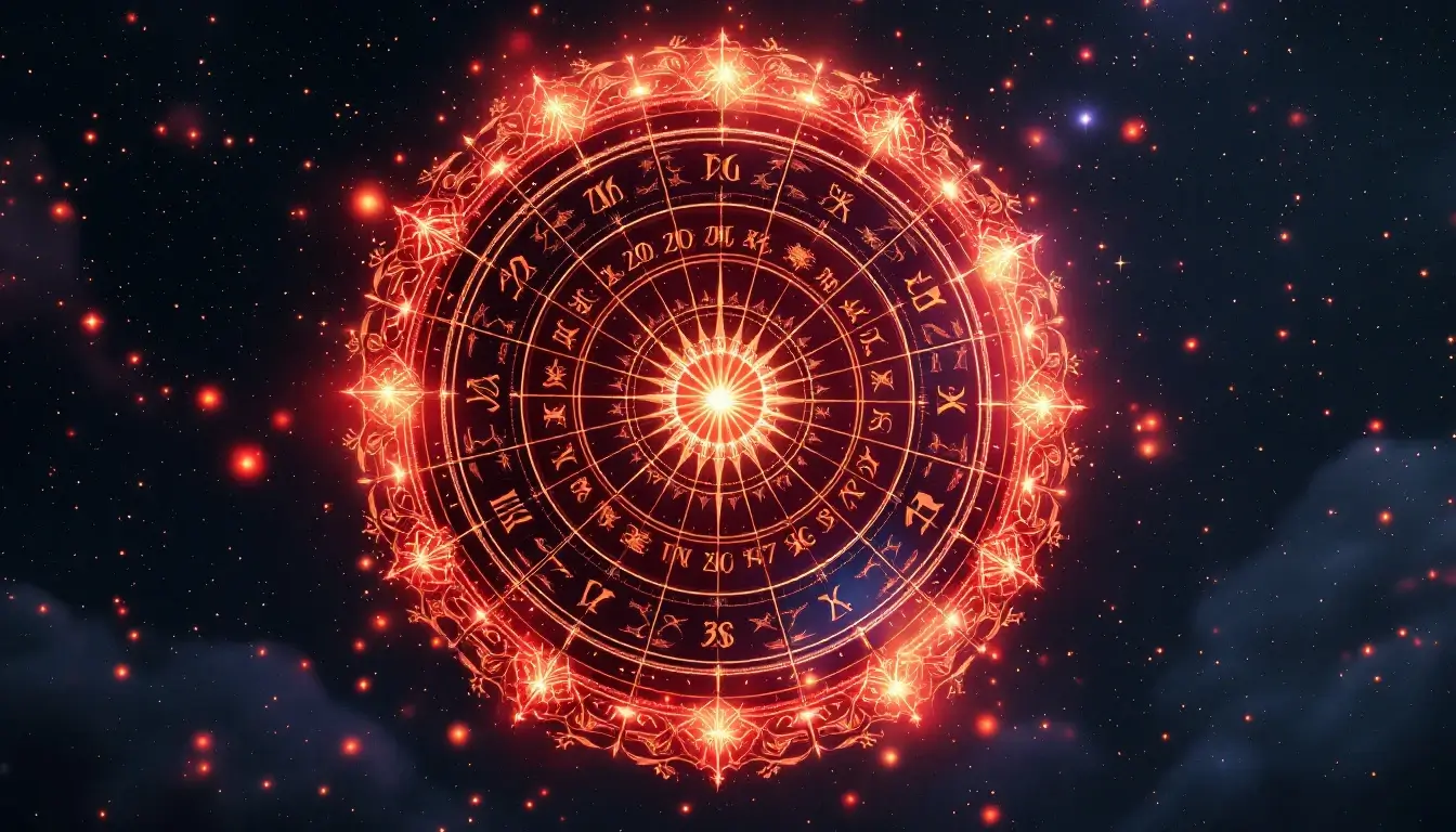 Ornate Chinese zodiac wheel calendar glowing against a starry sky