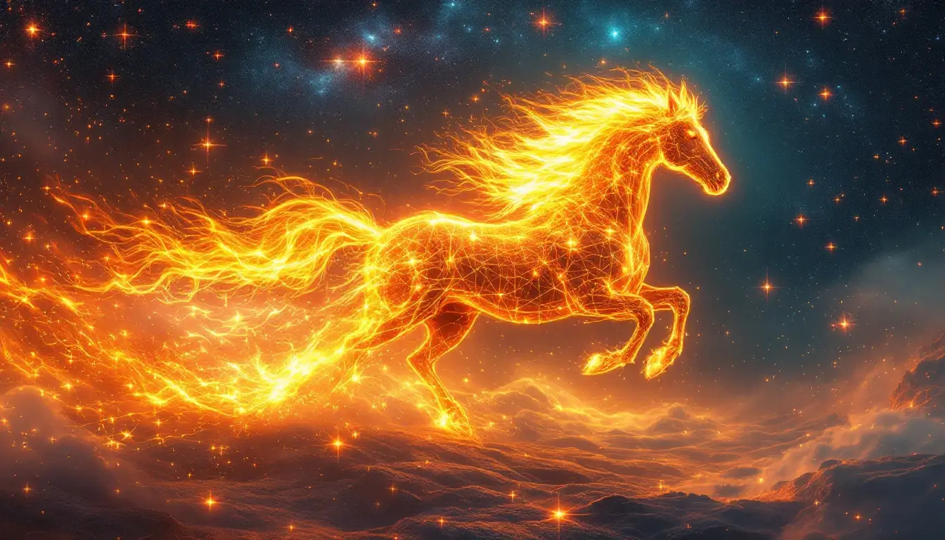 Fiery golden horse spirit galloping across a starry cosmic sky