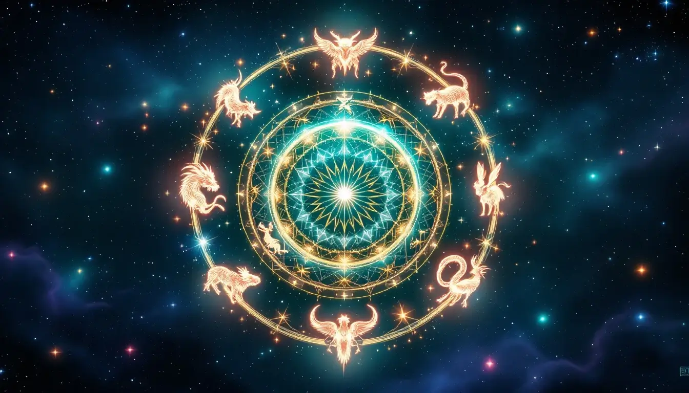 Twelve Chinese zodiac animal spirits glowing among constellation stars