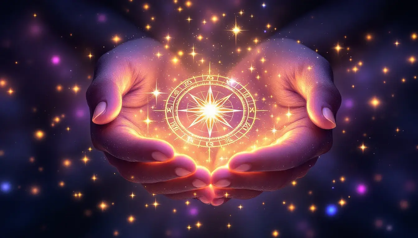 Two glowing hands cradling a shimmering compass made of zodiac stars