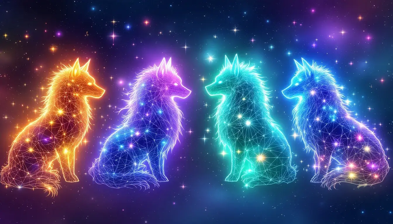 Four trios of glowing animal spirit silhouettes connected by constellation lines