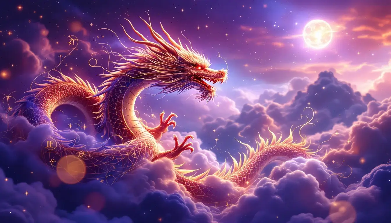 Chinese dragon spirit intertwined with a golden Western zodiac wheel