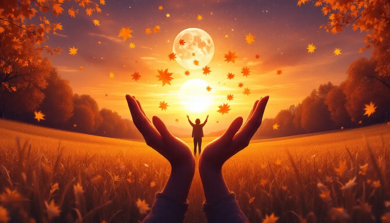 Woman releasing autumn leaves at twilight symbolizing equinox release ritual