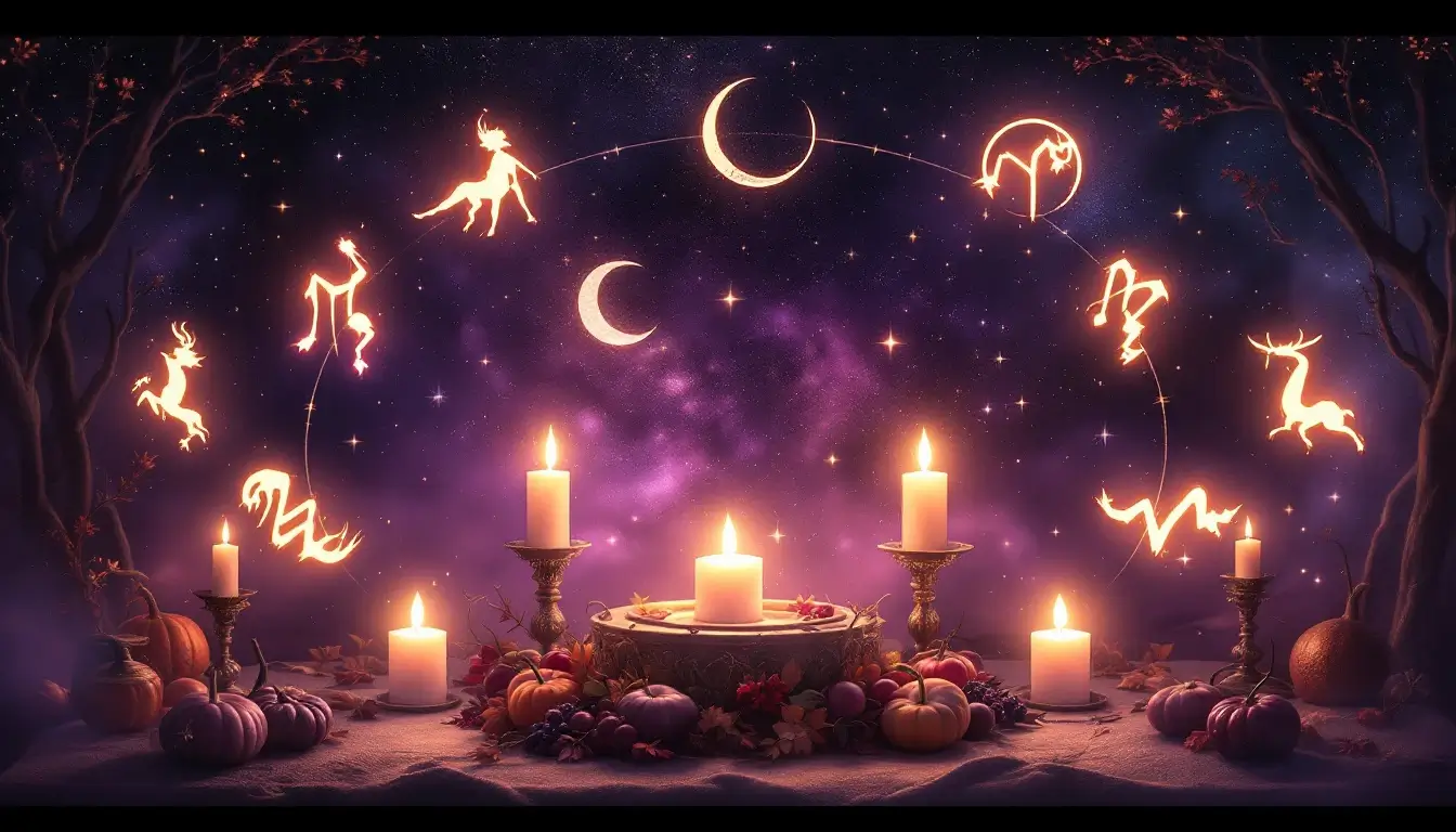 Twelve zodiac constellations glowing around an autumn ritual altar