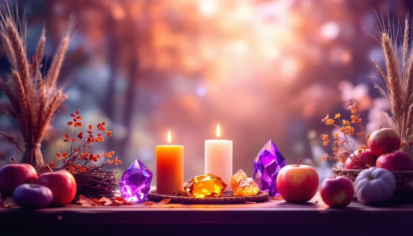 Autumn ritual correspondences including herbs, crystals, wheat, and candles for Mabon