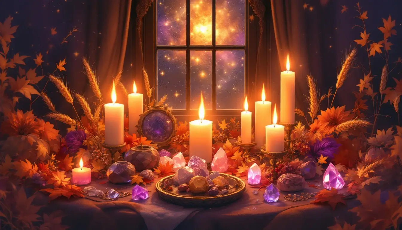 Completed autumn equinox altar with candles, crystals, and harvest items glowing at night