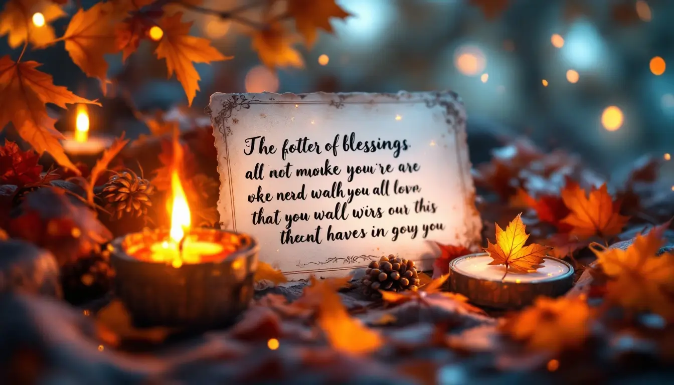 fall equinox blessing card with autumn leaves and candle