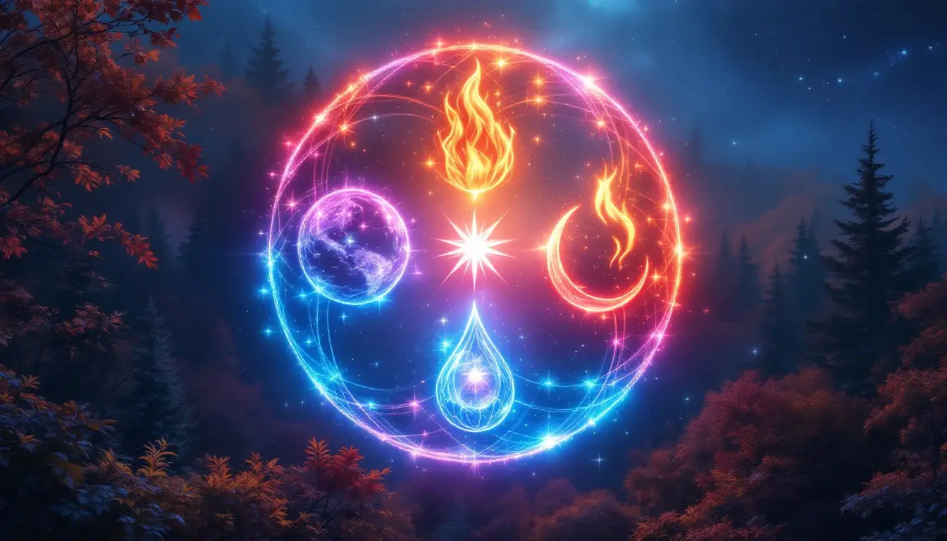 four elemental symbols fire earth air water glowing among autumn leaves