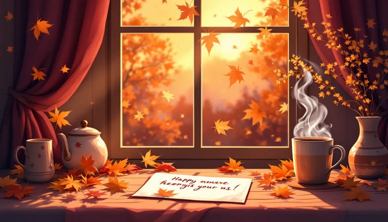 cozy autumn desk scene with handwritten card, tea, and falling leaves