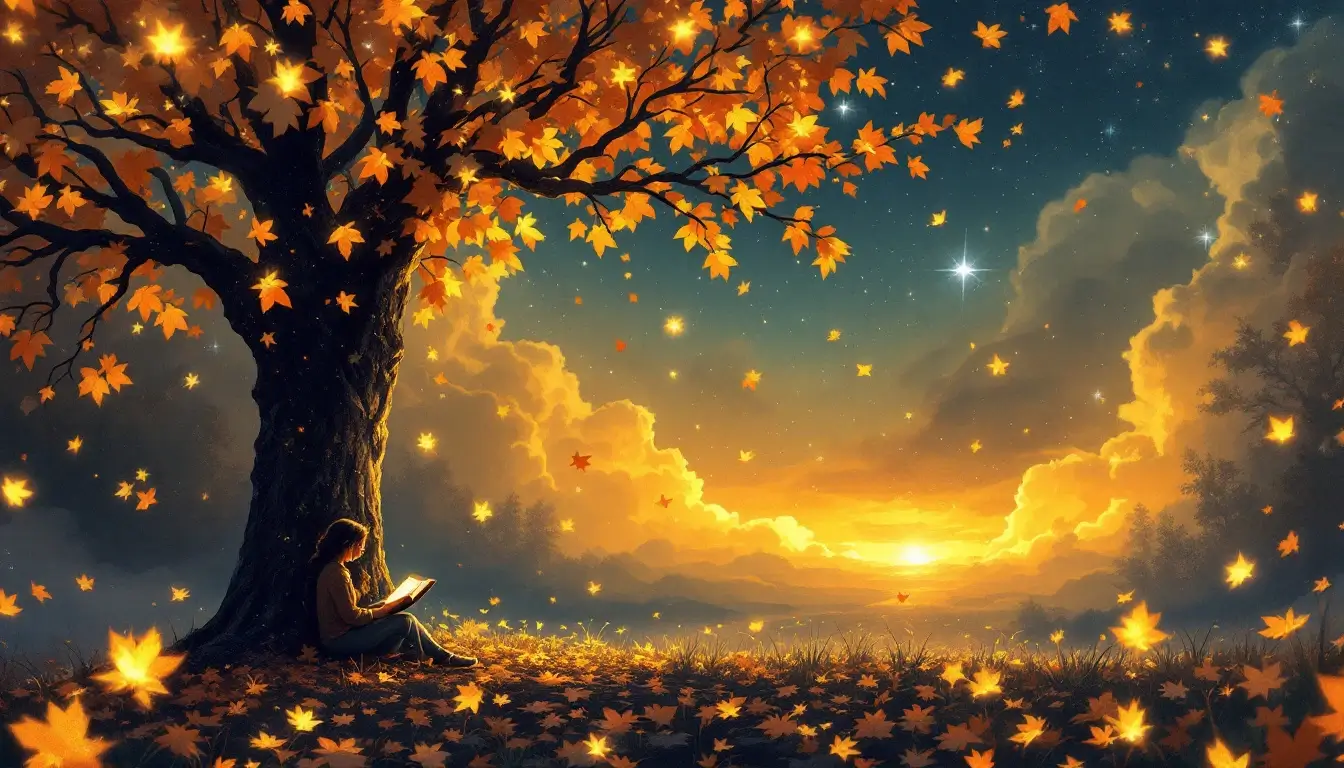 person reading a book surrounded by golden autumn leaves at sunset