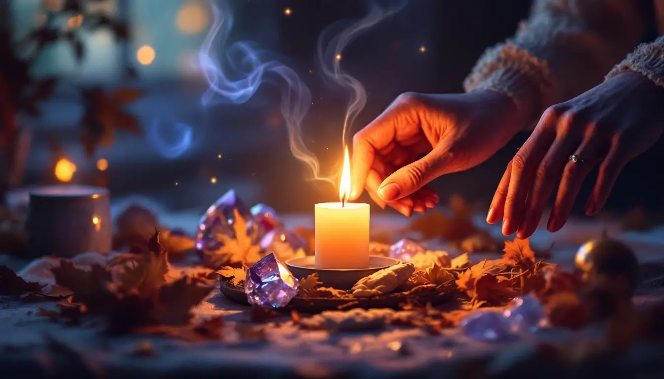 hands lighting a candle on an autumn altar with dried leaves and crystals