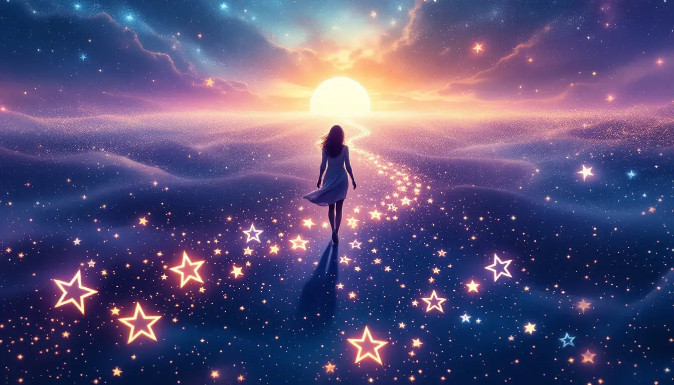 woman walking a path of stars toward the horizon