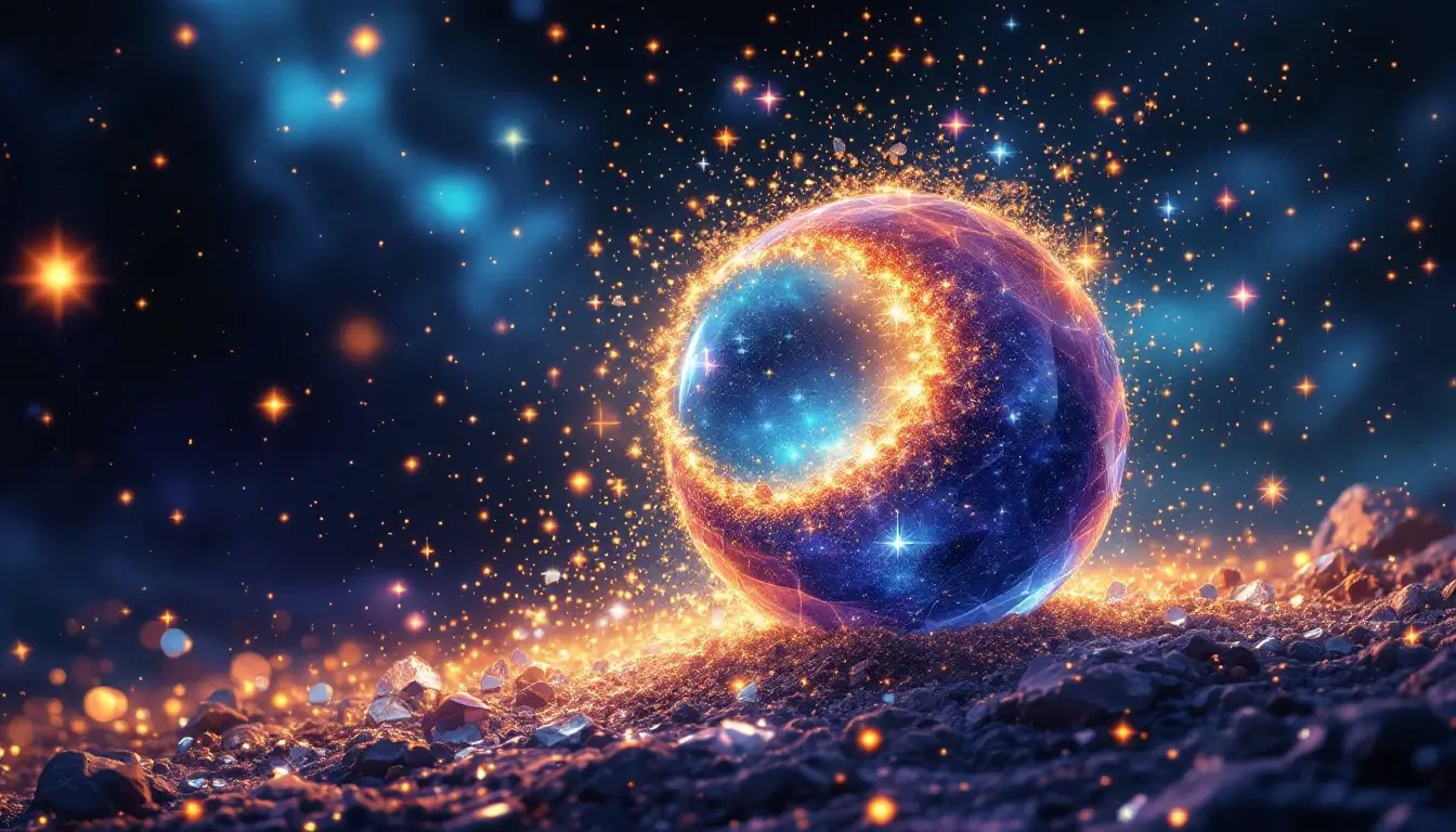 crystal ball shattering into stardust revealing true night sky