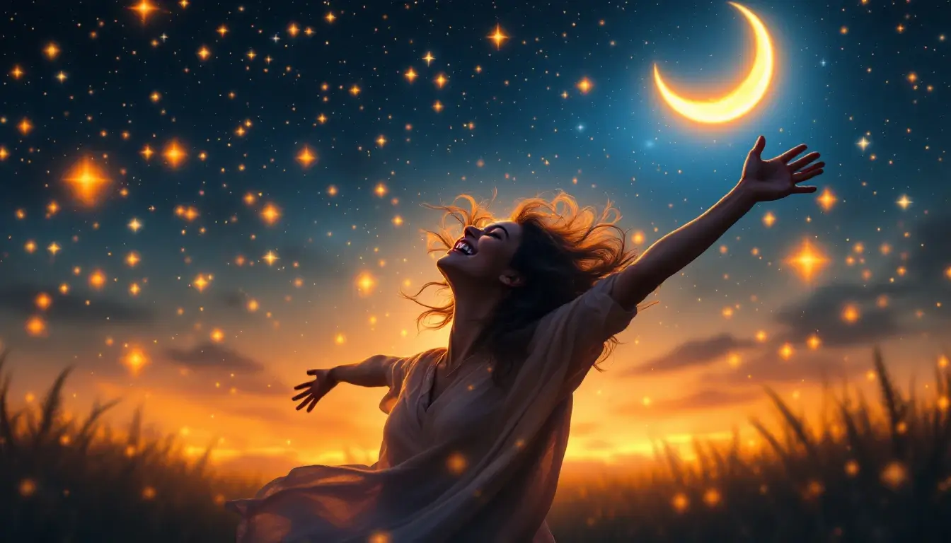 woman celebrating under a sky full of shooting stars