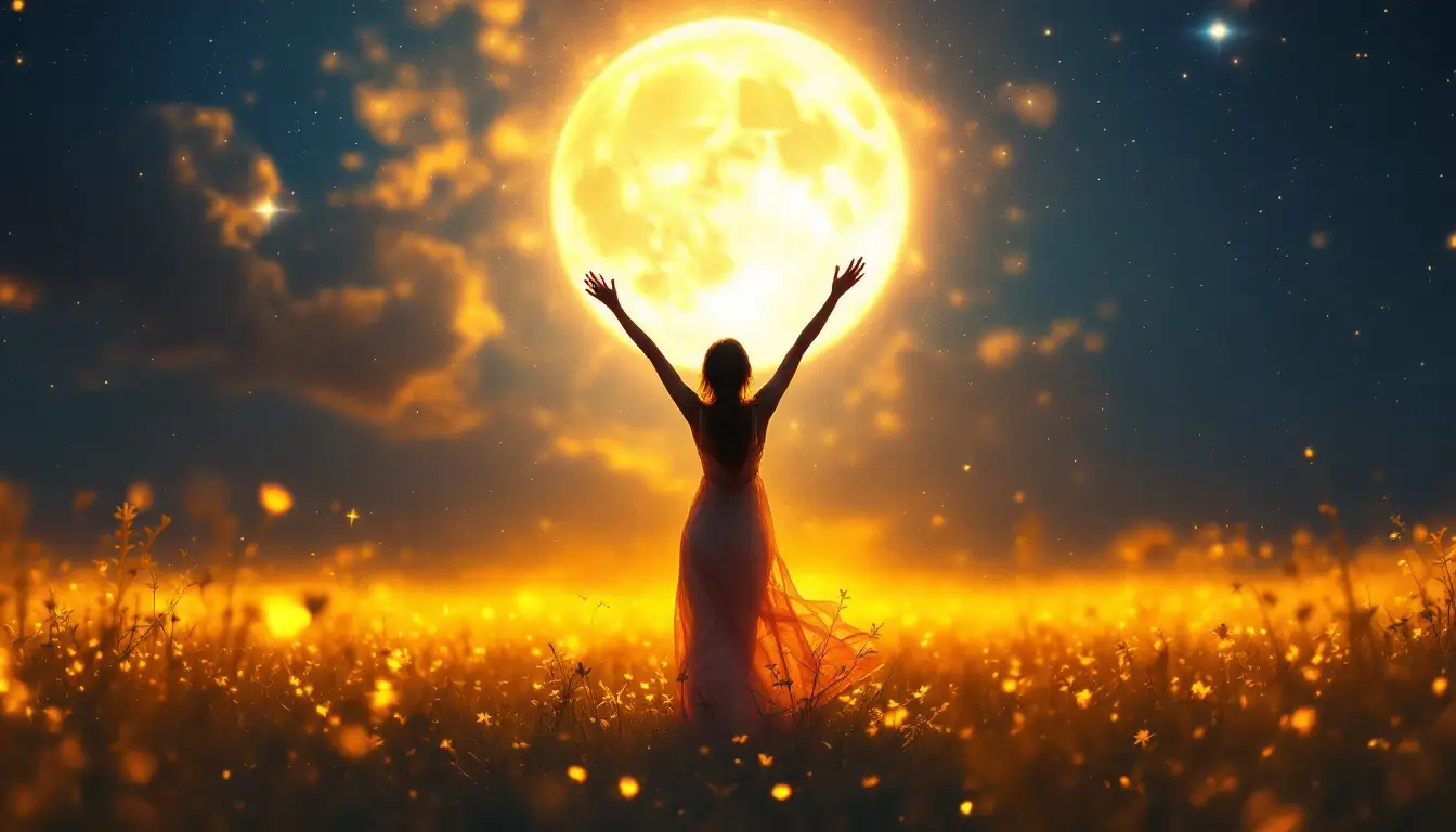 woman celebrating under a radiant full moon in an open field