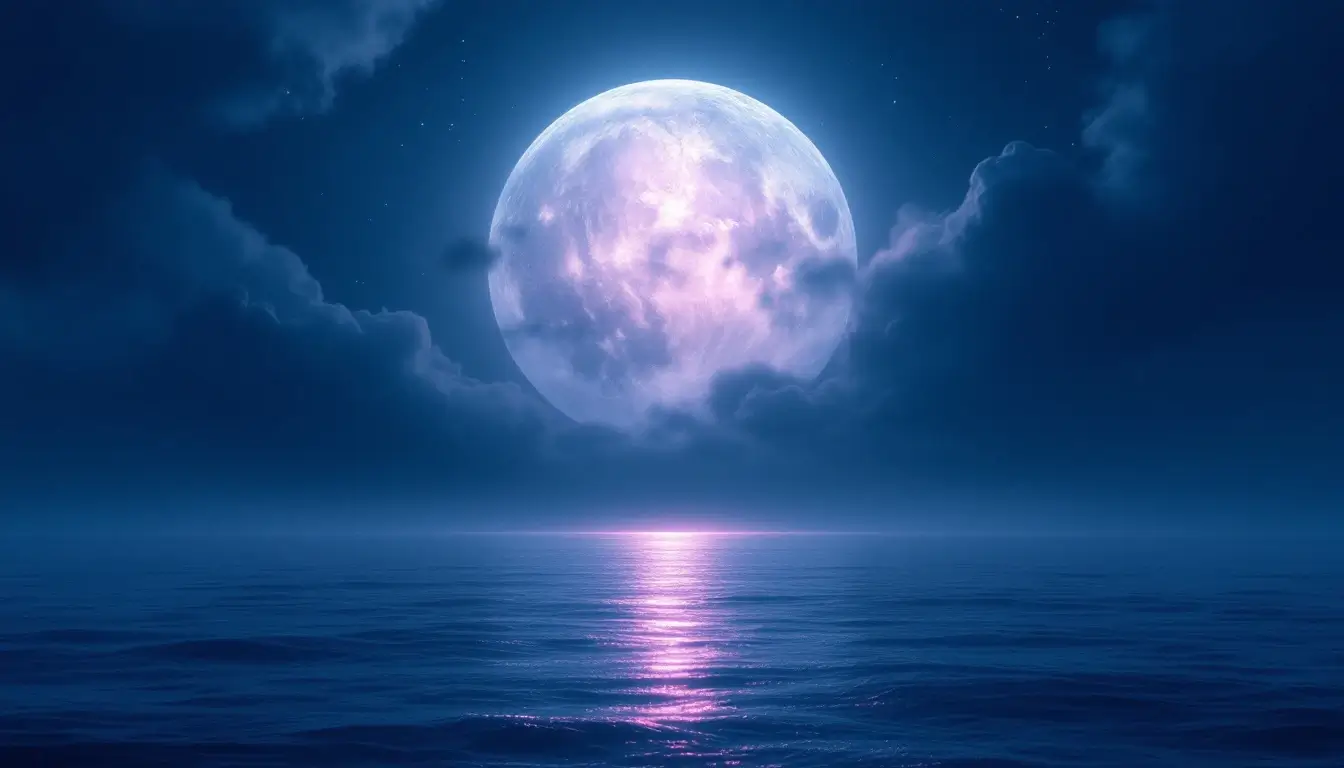 glowing full moon rising over a calm ocean, symbolizing moon phases meaning