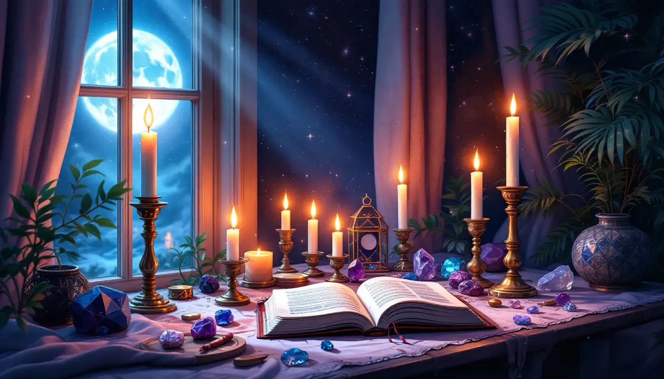 mystical altar with candles, crystals and a journal glowing under moonlight