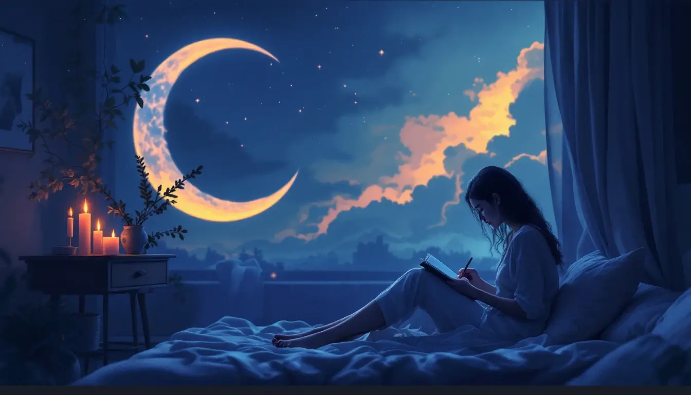 woman journaling by candlelight under a fading crescent moon