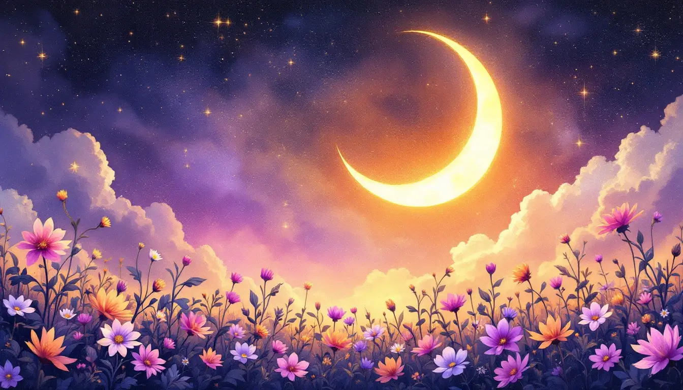 crescent moon glowing above blooming flowers symbolizing the waxing moon phases