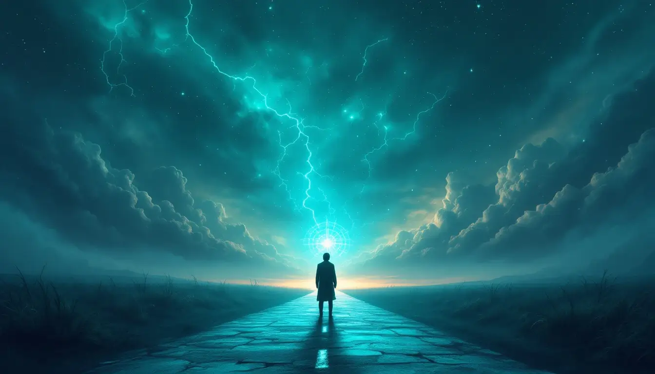 Figure standing at a cosmic crossroads under a stormy turquoise sky with a flickering electric compass