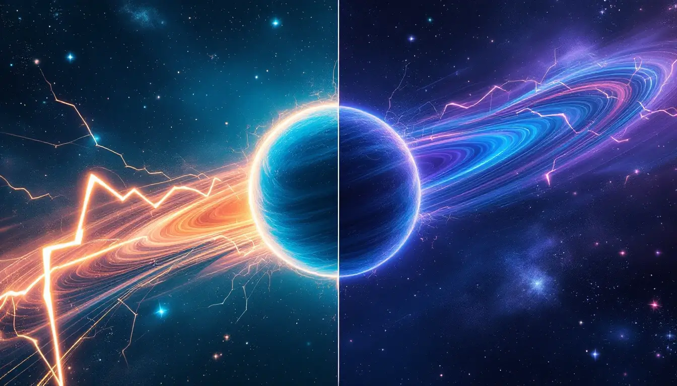 Split illustration contrasting direct Uranus energy with electric bolts against retrograde Uranus energy shown as soft inward spirals