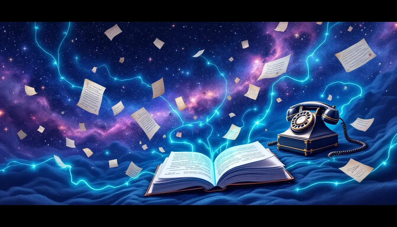 Illustration of a journal and vintage telephone floating among glowing turquoise threads of ideas in a starry void