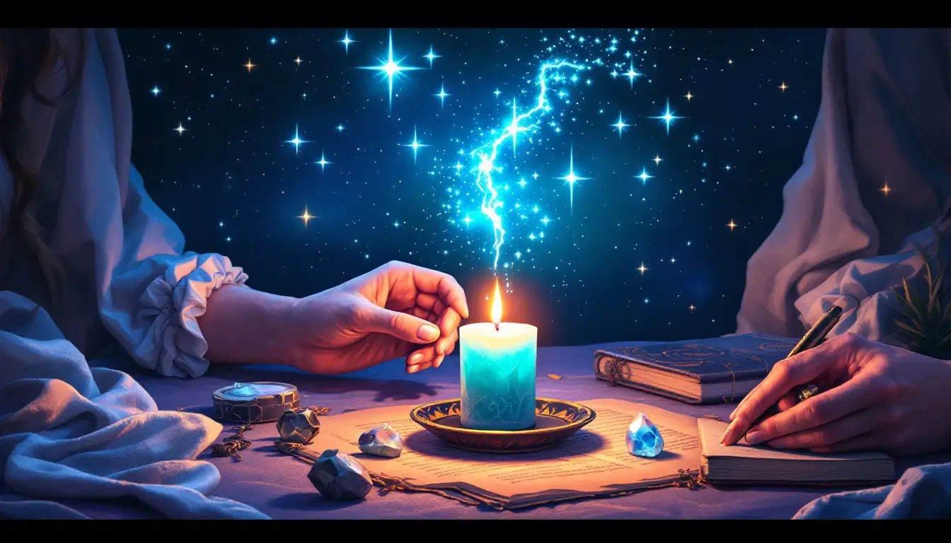 Hands lighting a silver-blue candle beside a journal and quartz crystal with electric sparks drifting upward