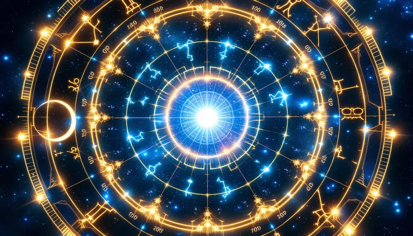 Circular mandala of all twelve zodiac symbols glowing in electric blue around a reversing Uranus