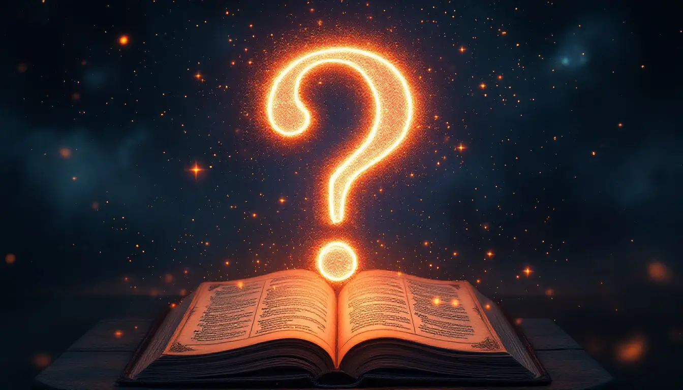 glowing question mark above an ancient astrology manuscript