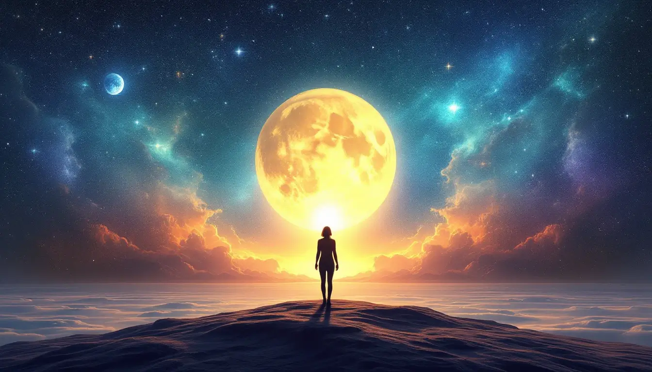 person standing beneath a cosmic sky bridging sun and moon