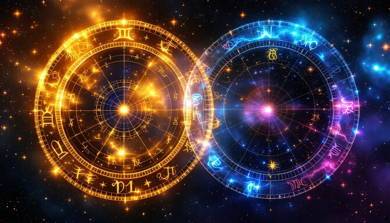 illustration comparing tropical and sidereal zodiac wheels