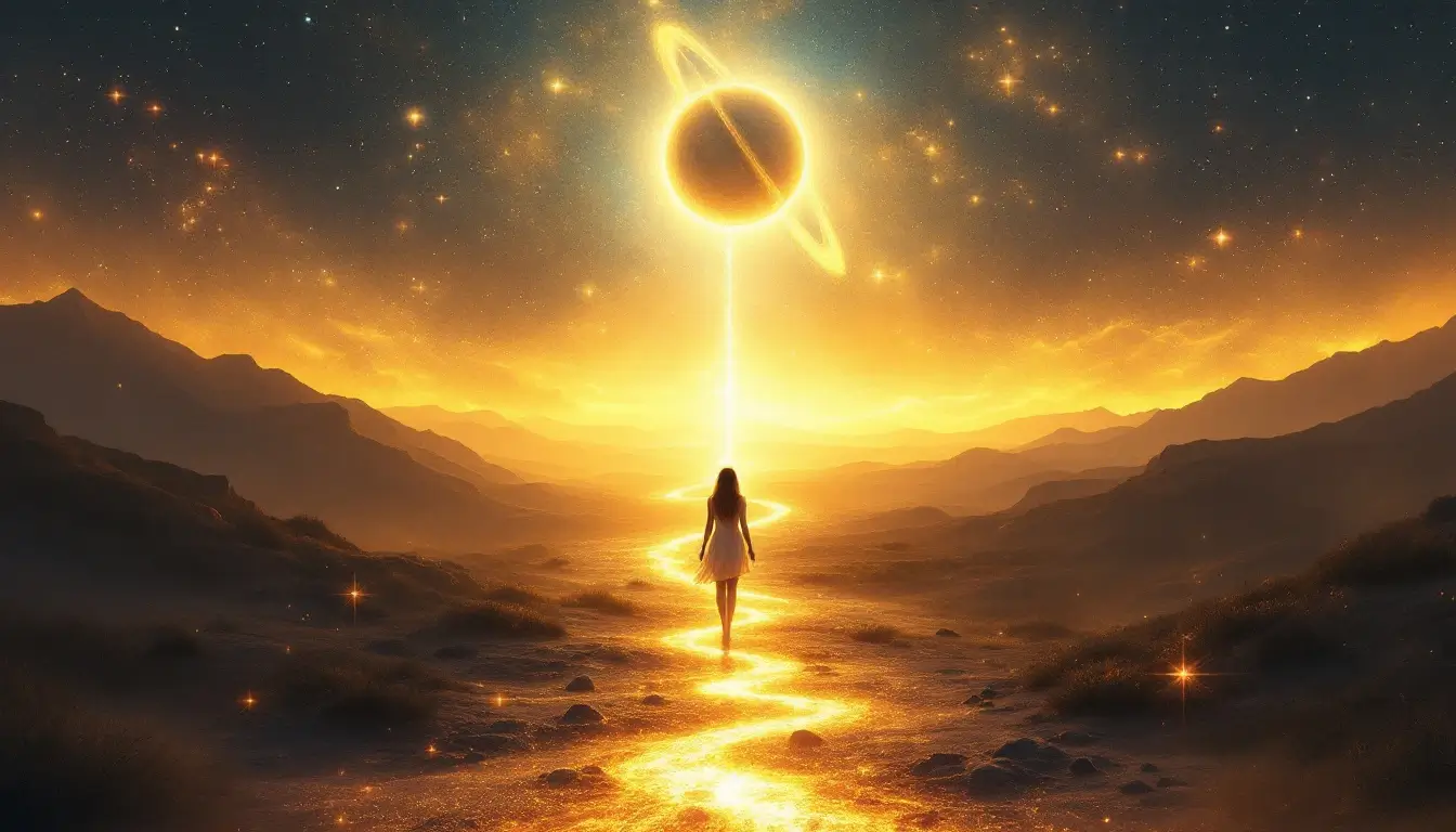 what is saturn return - woman at crossroads under cosmic sky