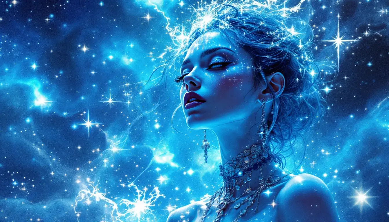 tall striking figure in eclectic clothing bathed in starlight representing aquarius rising appearance
