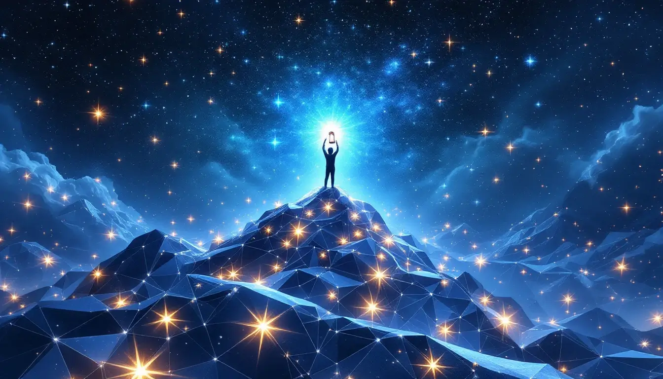 figure atop a mountain of stars holding a glowing lantern representing aquarius rising career strengths
